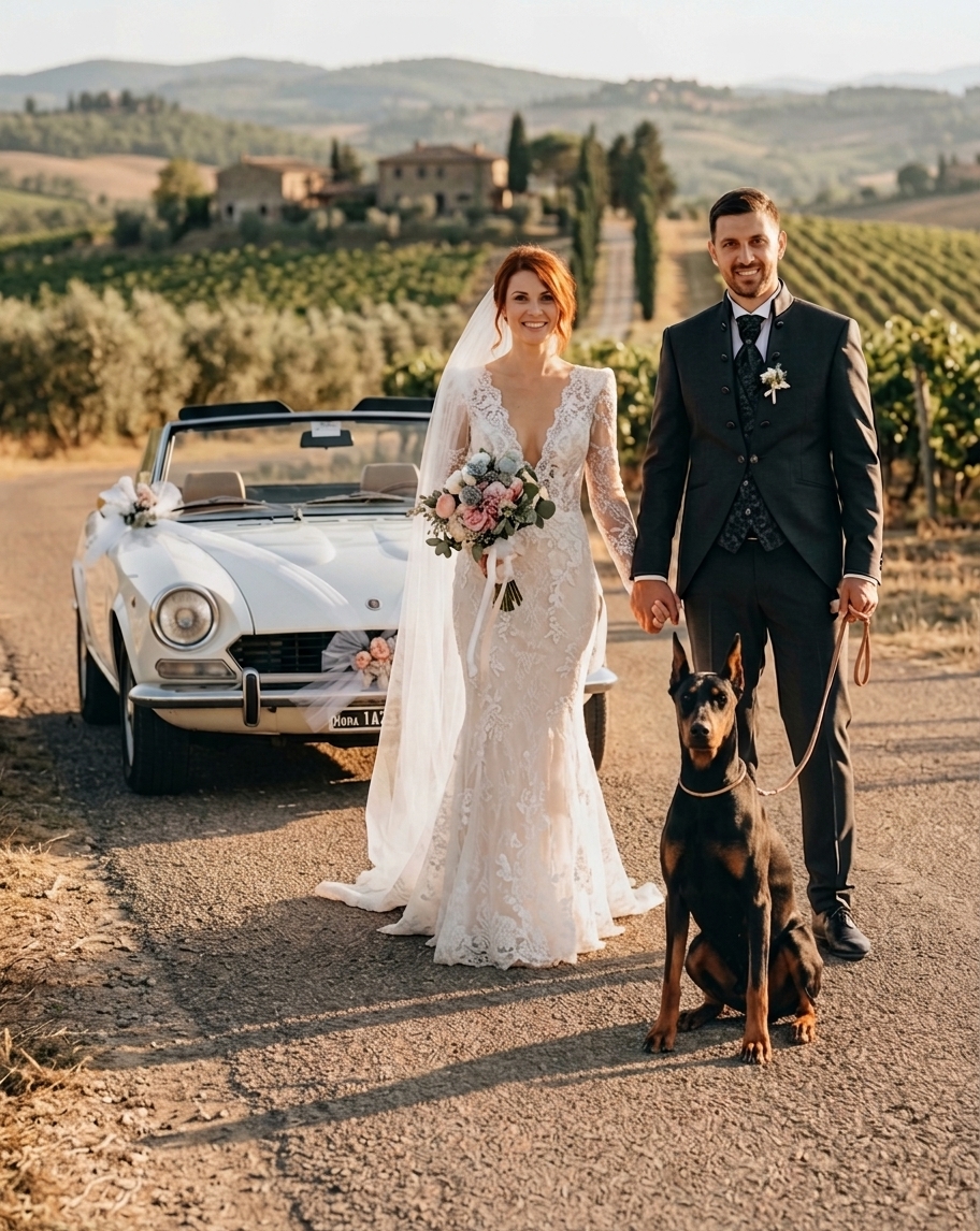 Sposi mano nella mano accanto a un'auto d'epoca, con il loro dobermann seduto al fianco dello sposo